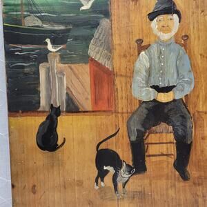 VTG Dorothy Davis Fishermans Shack 22"x16" Oil Breadboard Folk Art Signed  #1197